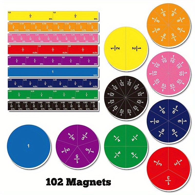 

102pcs Magnetic Fraction Rainbow Circles Tiles Math Manipulatives Set, Symbol Magnets Toys For School Classroom, Learning Fractions, Christmas Holiday Gift