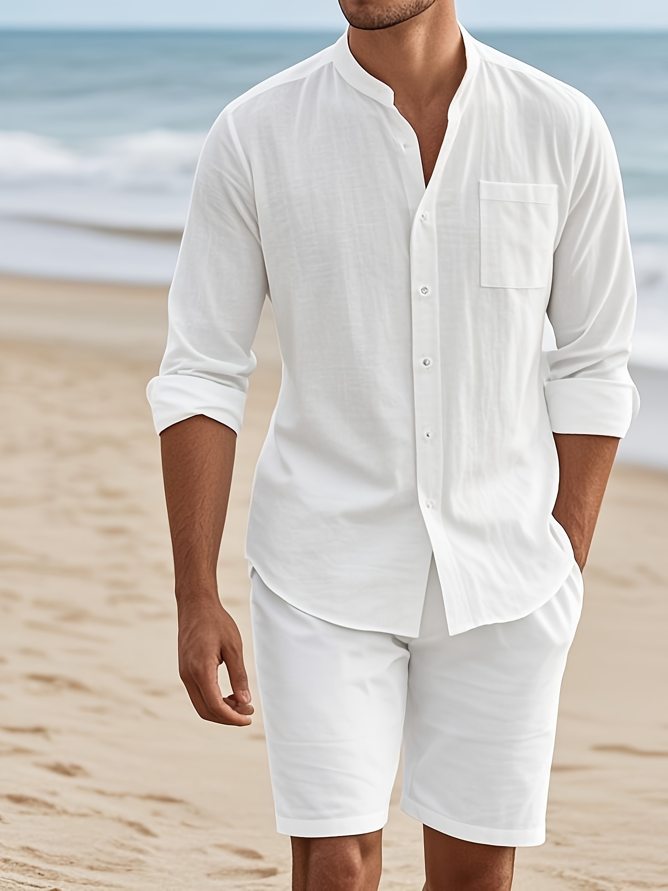 american mens hawaiian style linen breathable set henley neck casual long sleeve shirt with beachy amiika 5 pocket shorts