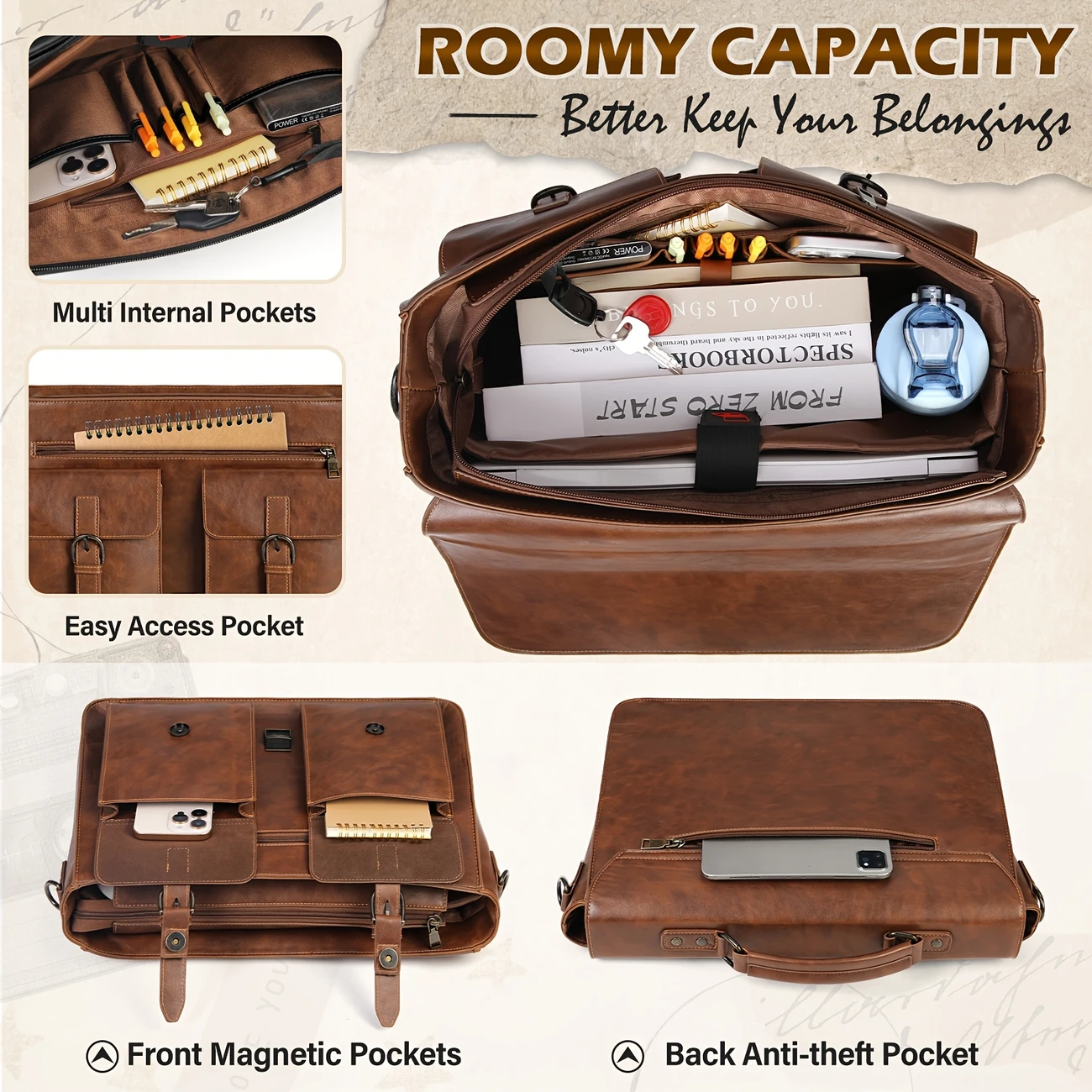 messenger bag for men 18 inch vintage synthetic synthetic leather laptop briefcase large laptop bag satchel bag computer shoulder bag for office work travel college brown details 2