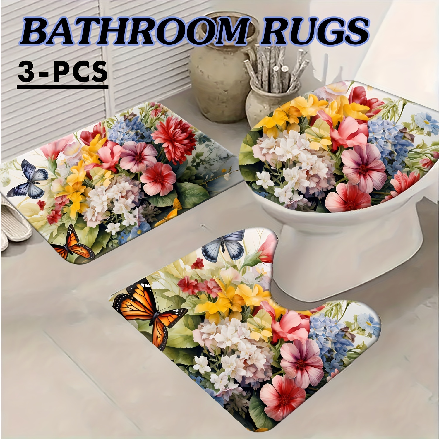 

3pcs Floral Bathroom Mat Set, Absorbent & Quick-drying Bathroom Floor Carpet, Non-slip & Non-shedding U-shaped Contour Rug & Toilet Lid Mat, For Bathroom Bathtub Toilet, Ideal Bathroom Accessories