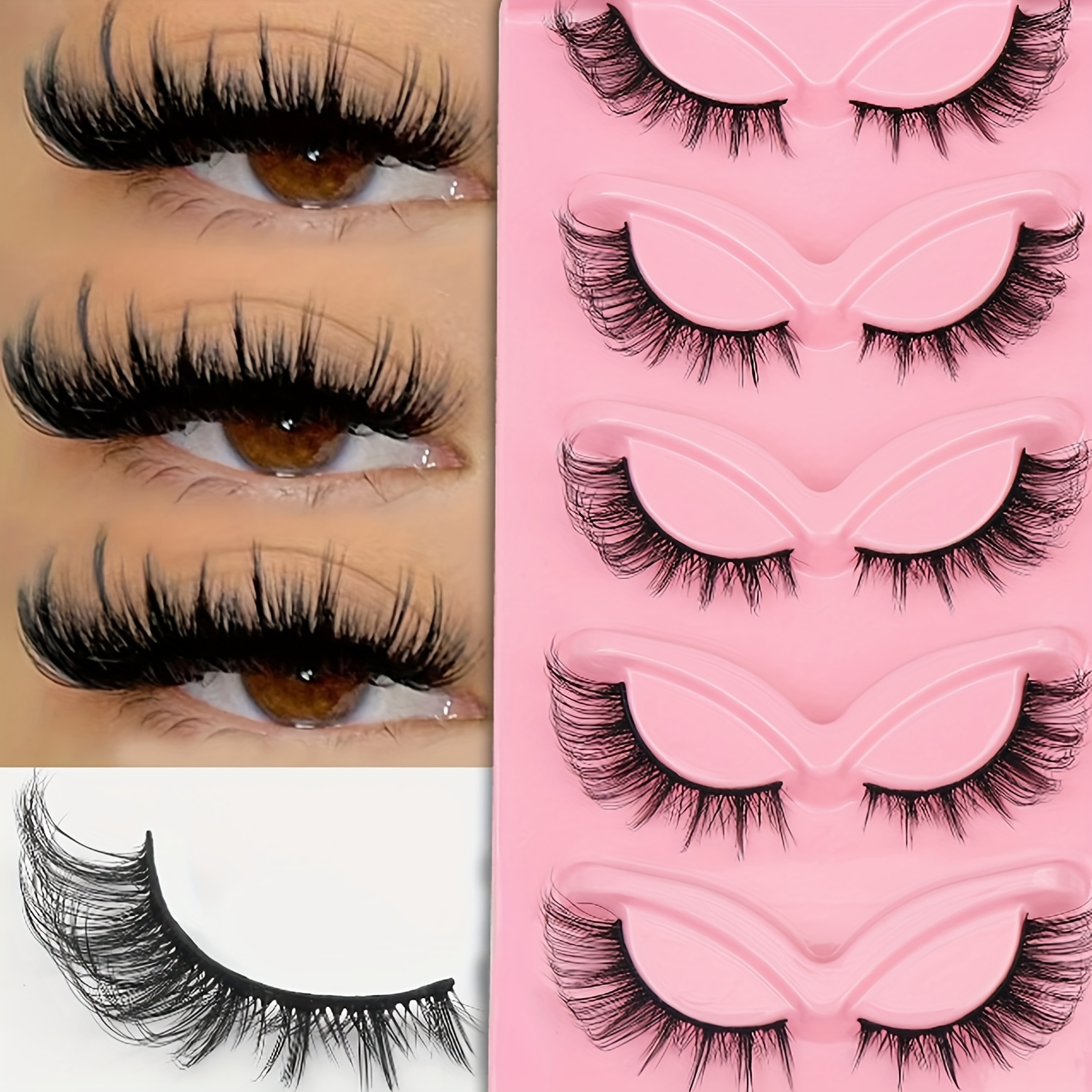 5 - Piece Eye Mink Lashes. Sexy, And . Extended And Lash At The Outer Corner. Natural Mink False Lashes. Suitable For Beginners And Reusable. C/d , Length 8 - 16 Millimeters. Pink Tray