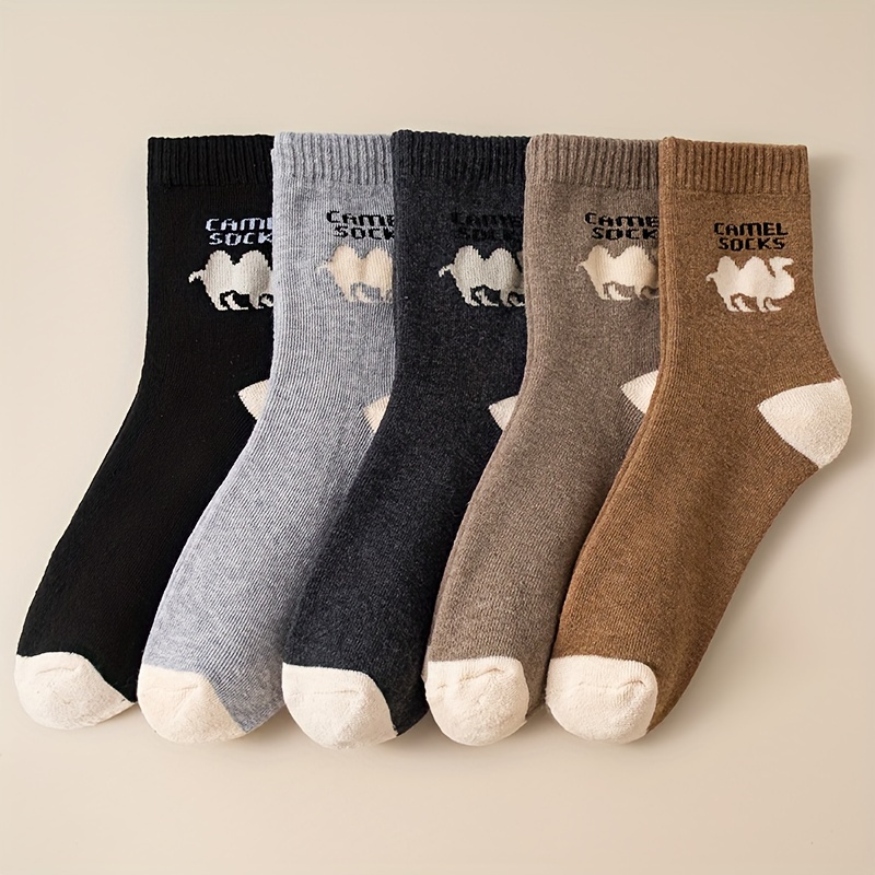 TEMU Camel Pattern 5 Pairs Men's Retro Warm Autumn Winter Crew Socks, Simple All-match Comfy Casual Socks Fashion Sports Socks For Outdoor Fitness Basketball Running