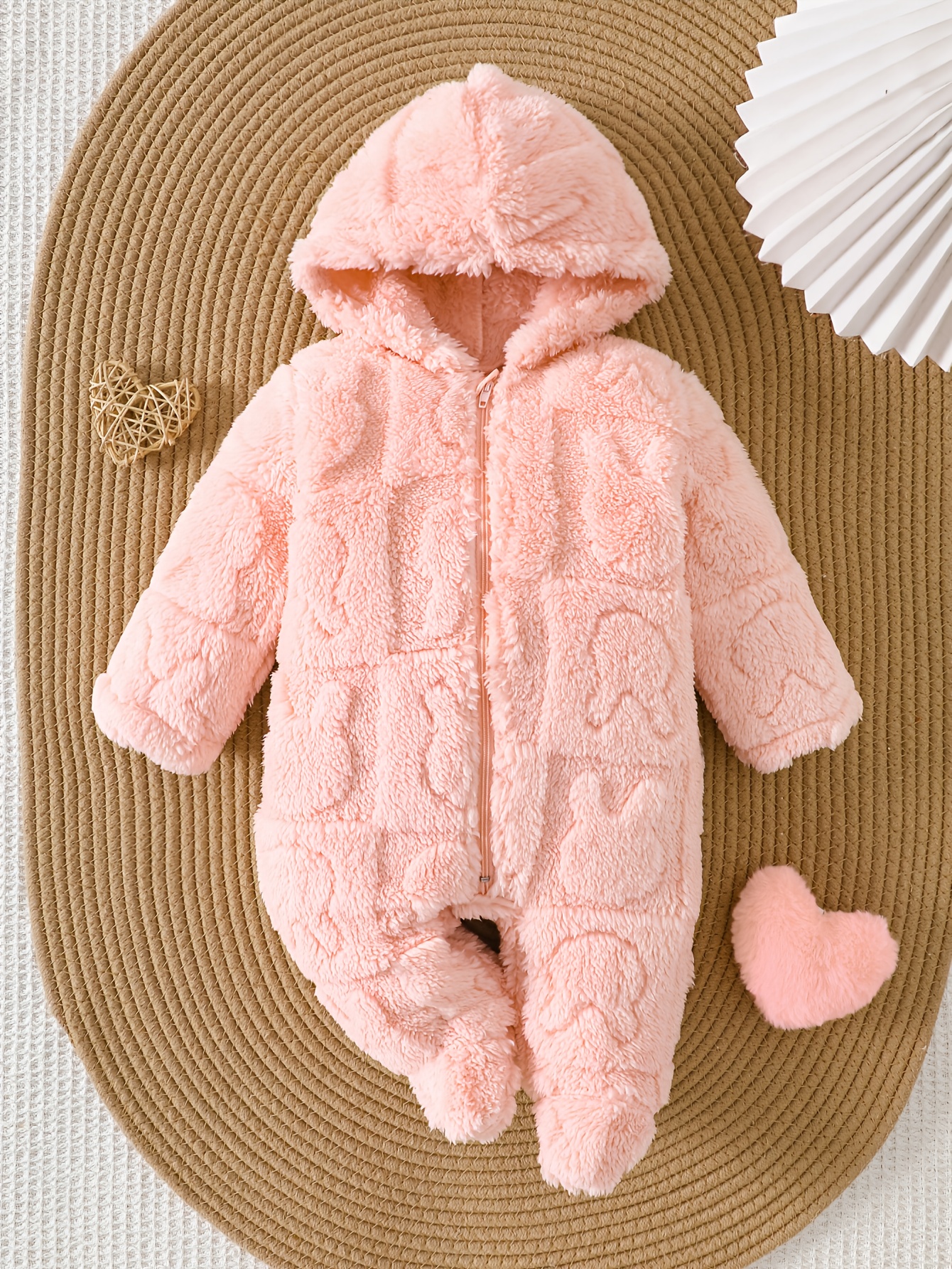 Baby Girl Pink Plush Hooded Romper, Square Rabbit Pattern, Beautiful Comfortable Warm Outfit, Home/Outdoor Wear, for Outdoor