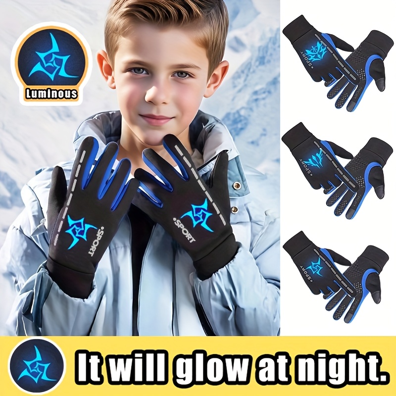 A Pair of Gloves Designed for Autumn And Winter, Featuring Separate Fingers for Skiing. These Glow-In-The-Dark Gloves Are Suitable for Both Boys And Girls, with Stylish Patterns That Shine at Night And a Plush Interior. Ideal for Everyday Wear And O