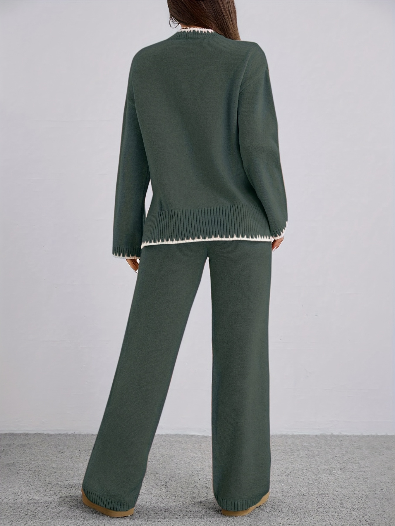 ZD0505906 Women's Two-Piece Set, Casual Elegant Loose Round Neck Contrast Pullover Sweater and Solid Color Pants for Spring Autumn Winter