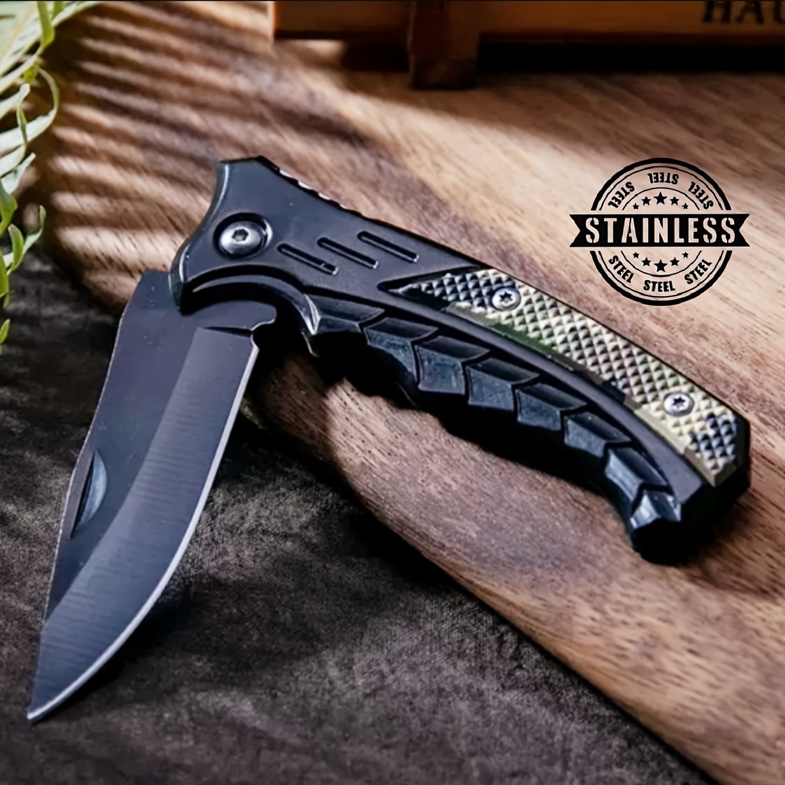 folding hunting knife heavy duty stainless steel blade black handle with ergonomic grip   design flat edge for outdoor survival camping hiking fishing multifunctional utility knife for men durable hunting gear tool knife for hunting hiking equipment camping tool rugged style sturdy build mens adventure   hunting knife 5