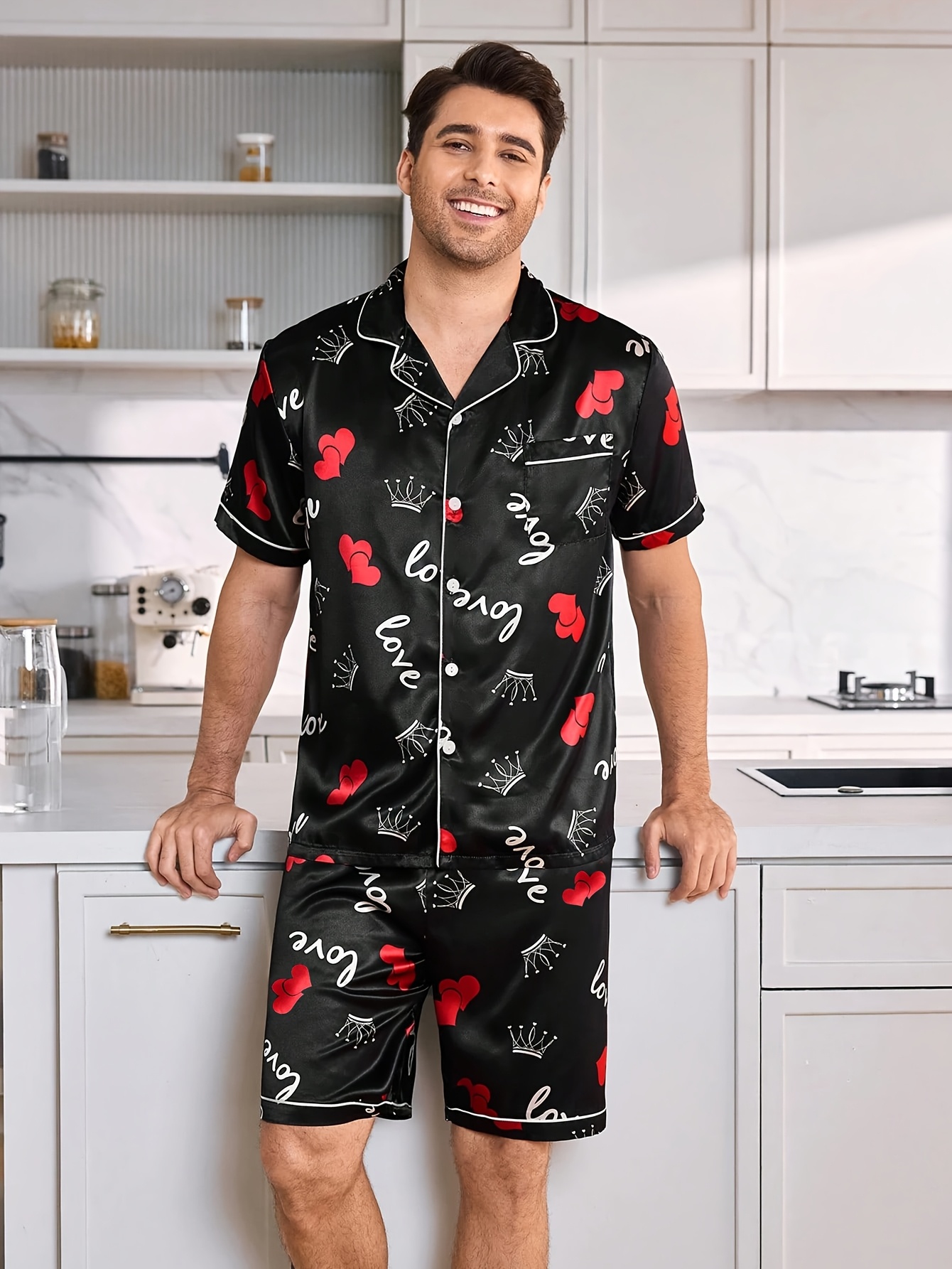 Couple Style: [Men/Women] Pajamas - Men's Or Women‘s Homewear, Short Sleeve Collar Button-Front Sleepwear with Heart Pattern Collar, Short Sleeve Button-Front Shorts & Matching Pants, 1 Top And 1 Bottom,Valentine's Gift