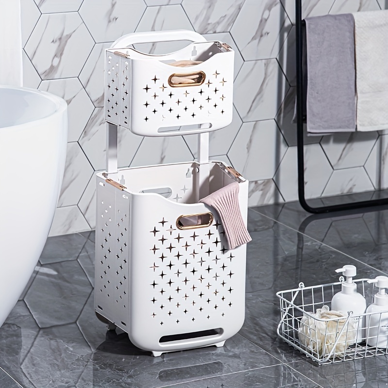 

1pc 2-tier Foldable Plastic Laundry Basket With Handles, Contemporary Wall-hanging Storage For Bathroom, Home Clothes Organizer, Modern Star Cutout Design