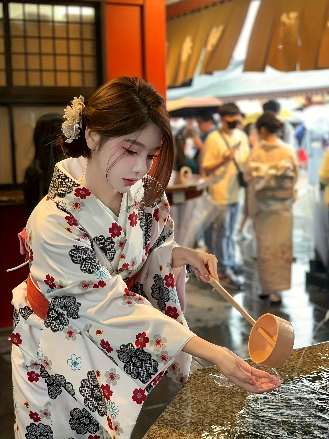 화환 축제 온천 여행용 가벼운 디자인의 일본 전통 여성 키모노 꽃무늬 목욕가운 5피스 세트 및 랜덤 액세서리 스타일 세부 정보 3
