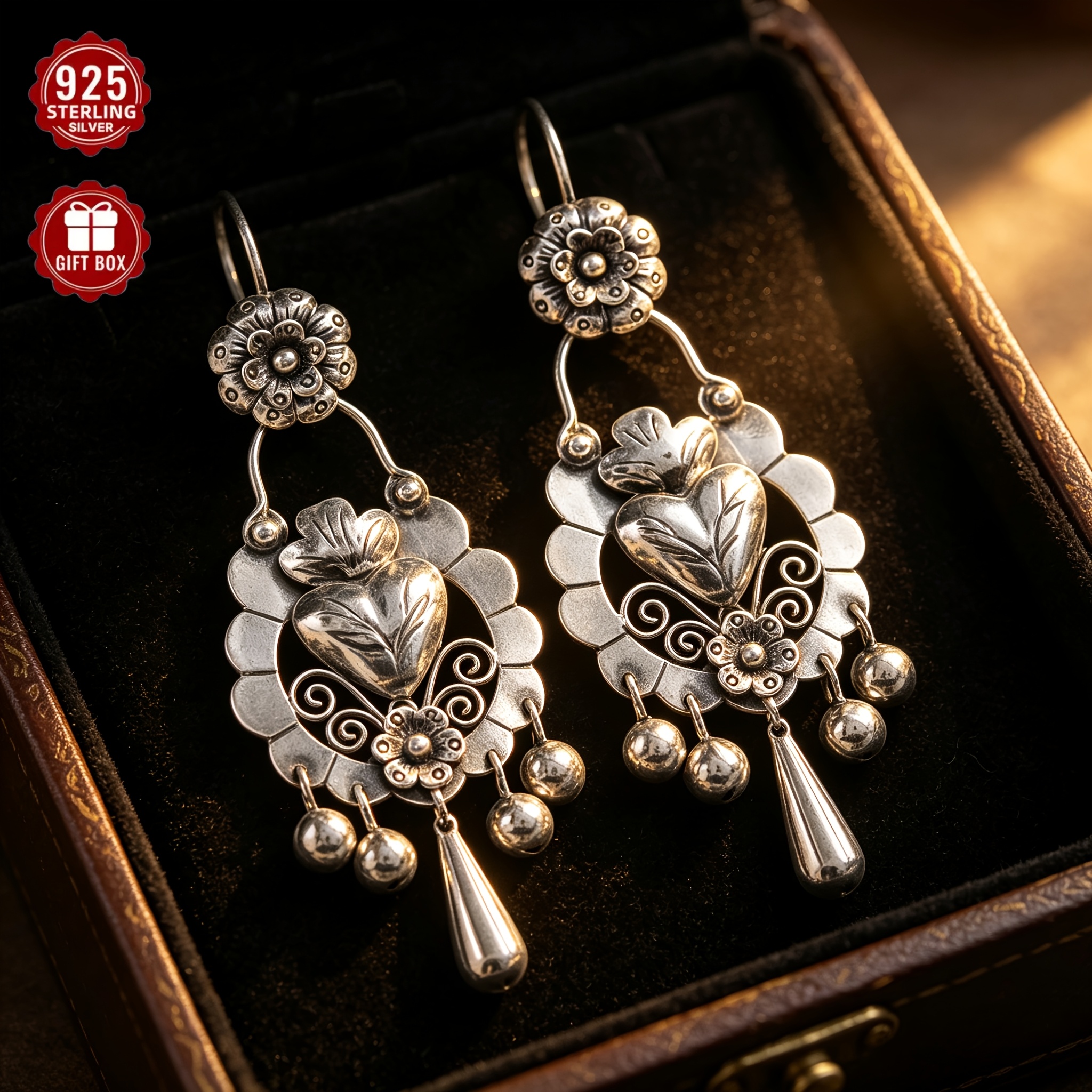 TEMU A Pair Of S925 Silvery Retro Ethnic Style Heart-shaped Flower Leaf Earrings Made Of Old Silvery Bells With Tassel Long Earrings, Exuding A