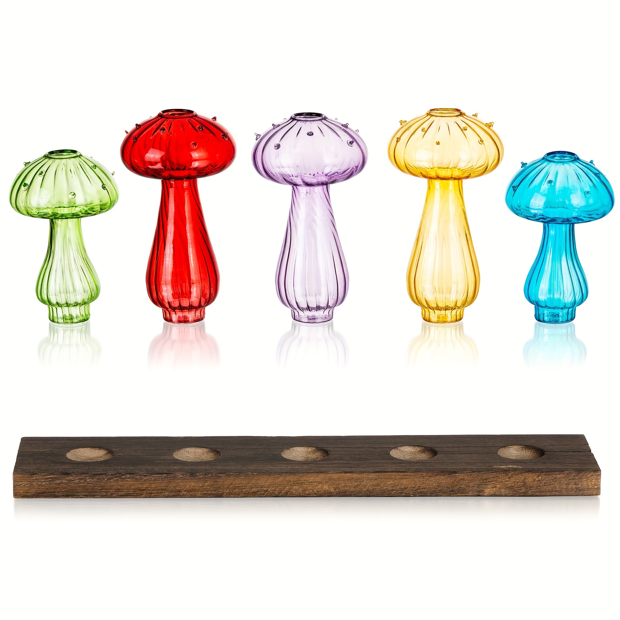 Image of 5pcs Mushroom Plant Propagation Station Cute Glass Terrarium Jar With Wooden Planters For Indoor Plants Hydroponic Glass Bud Flower Vase For Home Office Decor For Women