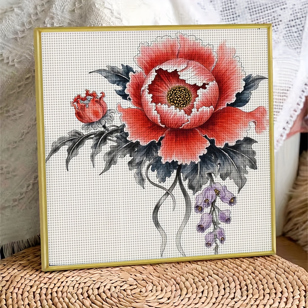 11CT Frameless DIY Cross Stitch Kit, A Painted Peony with Buds