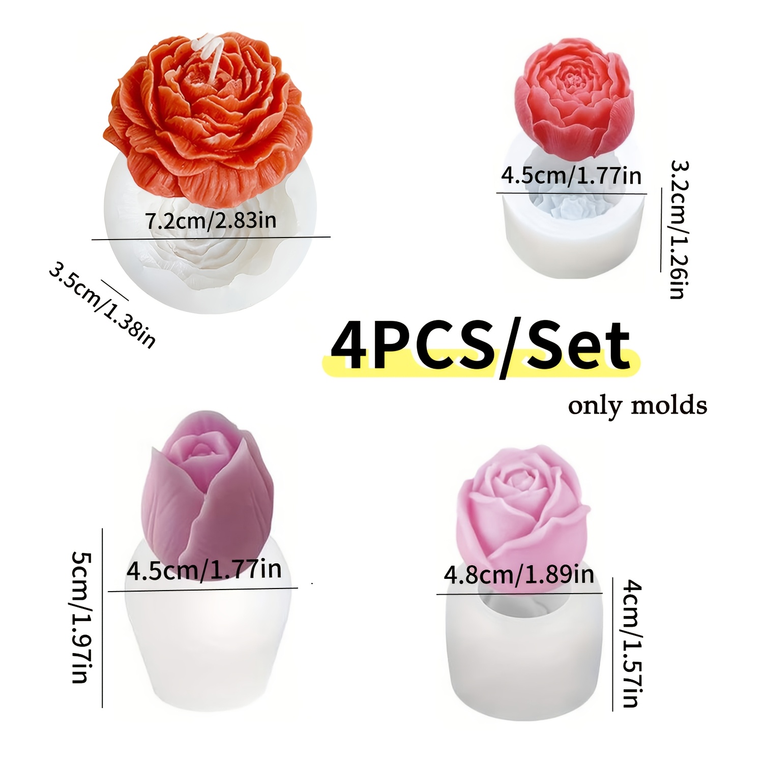 TEMU 4 Pezzi Set Stampo in Silicone per Bouquet - Design di Peonia, Rosa, e per Creazione di Candele Fai da Te, Resina e Progetti a | per Decorazioni