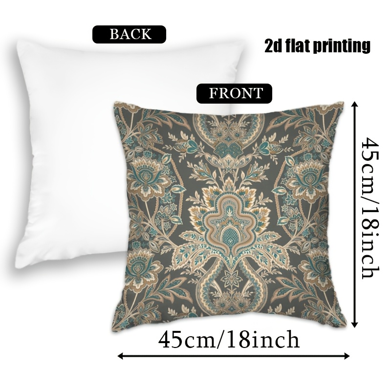 2D Flat, Terrace Cushion Cover, 1pc 18X18 Inches Square Pillow Cover, A Dark Gray Background Features an Intricate, Symmetrical Pattern with Teal, Cream, And Golden Floral Motifs, Including Large Central Blooms, Leaves, And Scrollwork