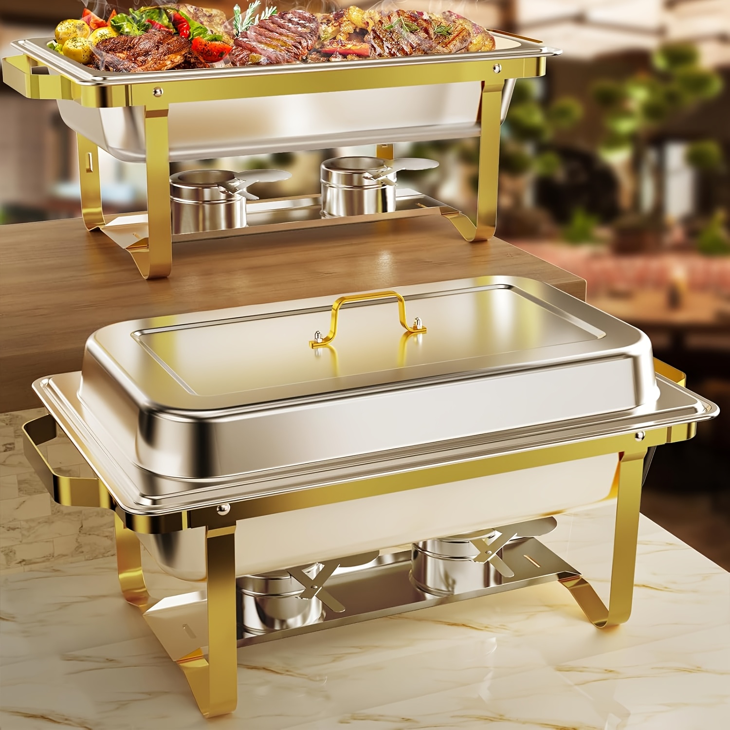 Image of Chafing Dishes For Buffet, 8 Qt Chafing Dish Buffet Set, Full Size Pan, Rolled- Food Warmers For Parties, Buffet, Wedding, Birthday, Cooking