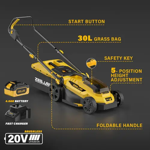 20V Cordless Electric Lawn Mower with 4.0Ah Battery & Charger - 13-inch 2-in-1 /Mulching, 5-Position Height Adjustment ( -2.95 ), Brushless Motor, Foldable Handle & for Care, Garden Maintenance, Battery Power