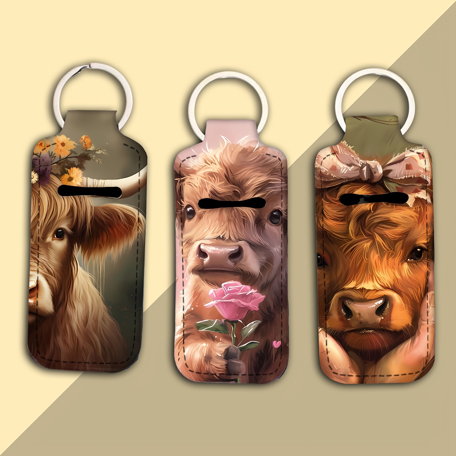 TEMU Set Of 3 Cute Highland Cow Pattern Keychain Lipstick Holders, Neoprene Lip Balm Pouch Key Rings, Fashion Lipstick Bag Clips, Valentine's Day Gift, Stylish Travel Accessories For Women