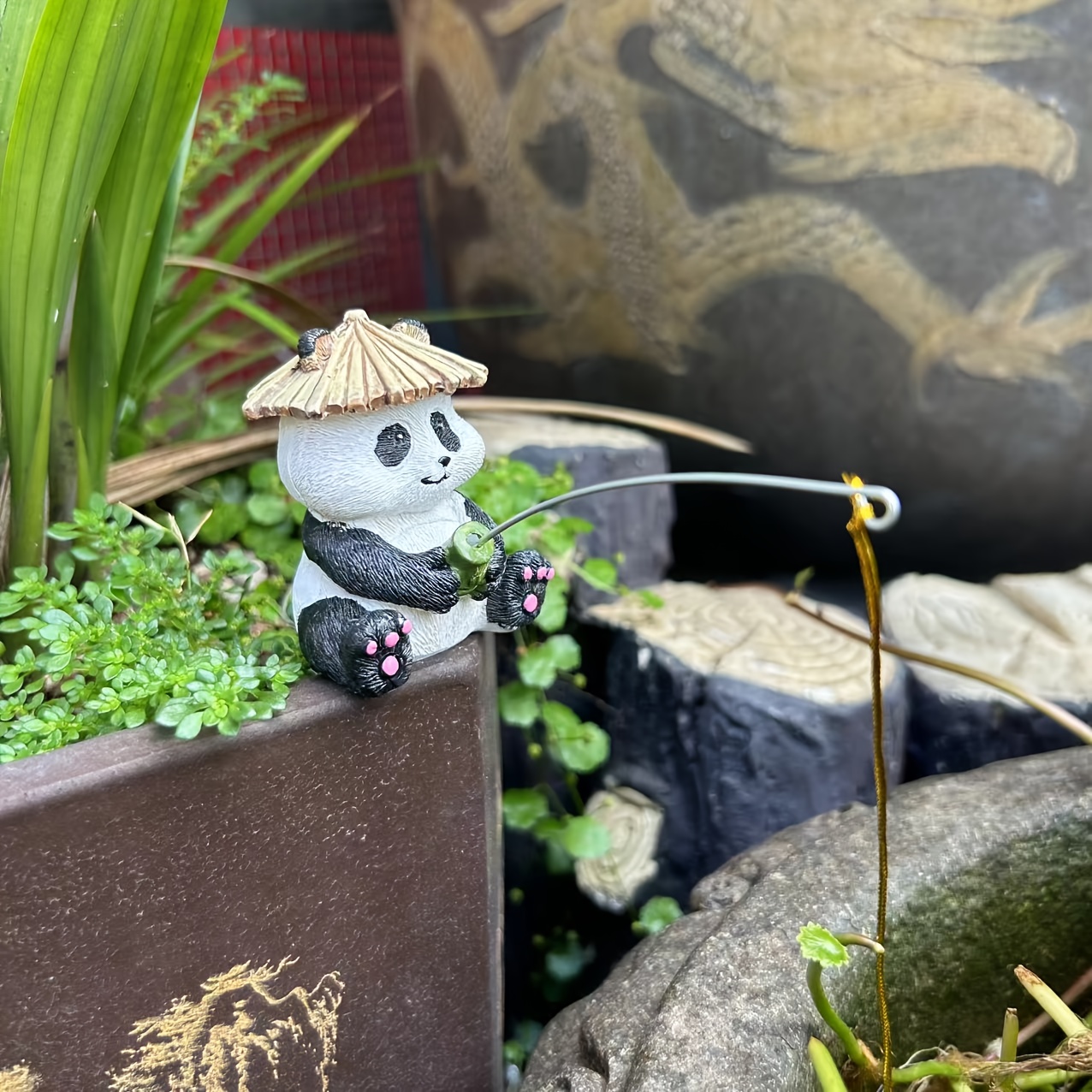 Image of 1pc Adorable Fishing Panda Family Collectible Figurine, Resin For Fish Tanks, Pond, Garden, Living Room, Bedroom, Office Desktop, Unique Gift For Panda Lovers