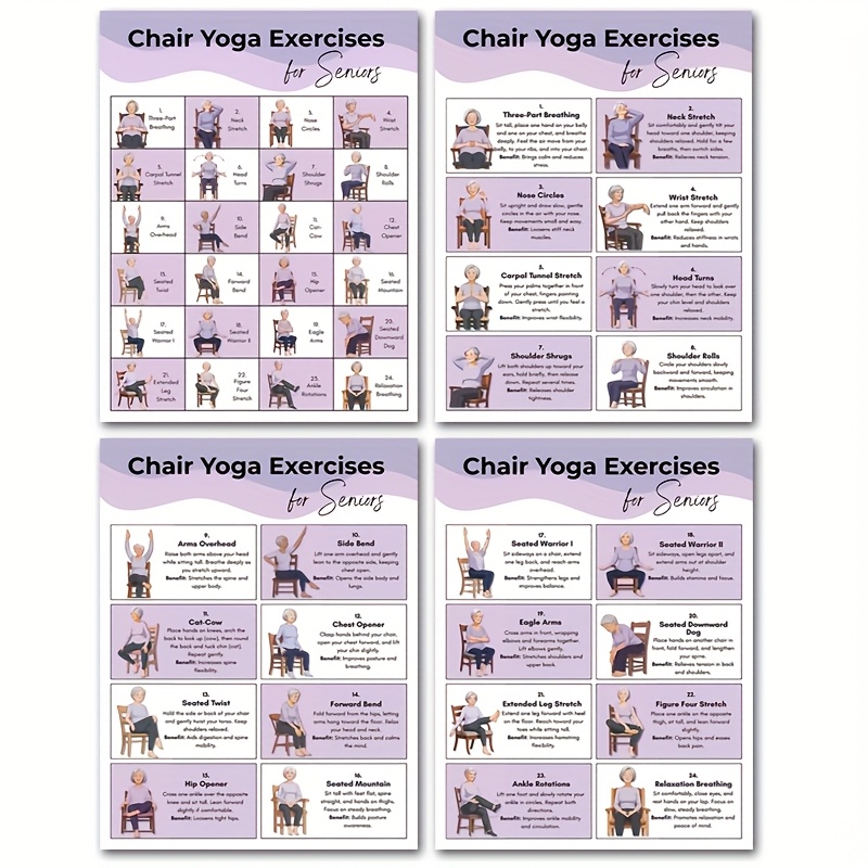 TEMU Lot de 4 pièces de yoga pour seniors, Guide d'exercices , Entraînement | Plan d'exercices à domicile pour seniors, 2D plat 20,32x25,4cm cadre,