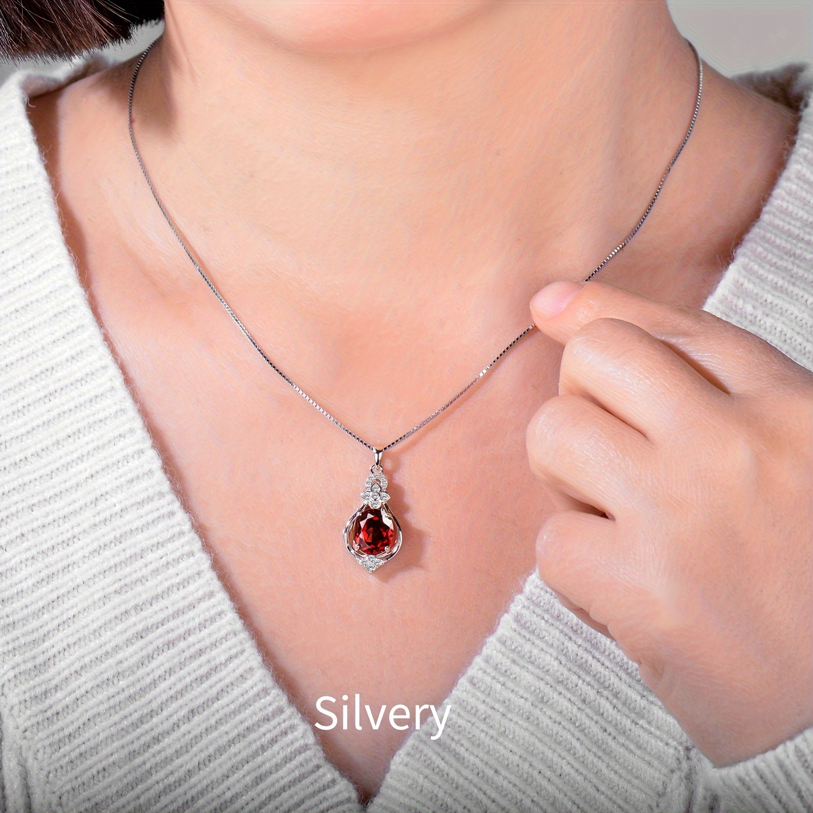 925 silver natural garnet pendant necklace stylish Temu Greece
