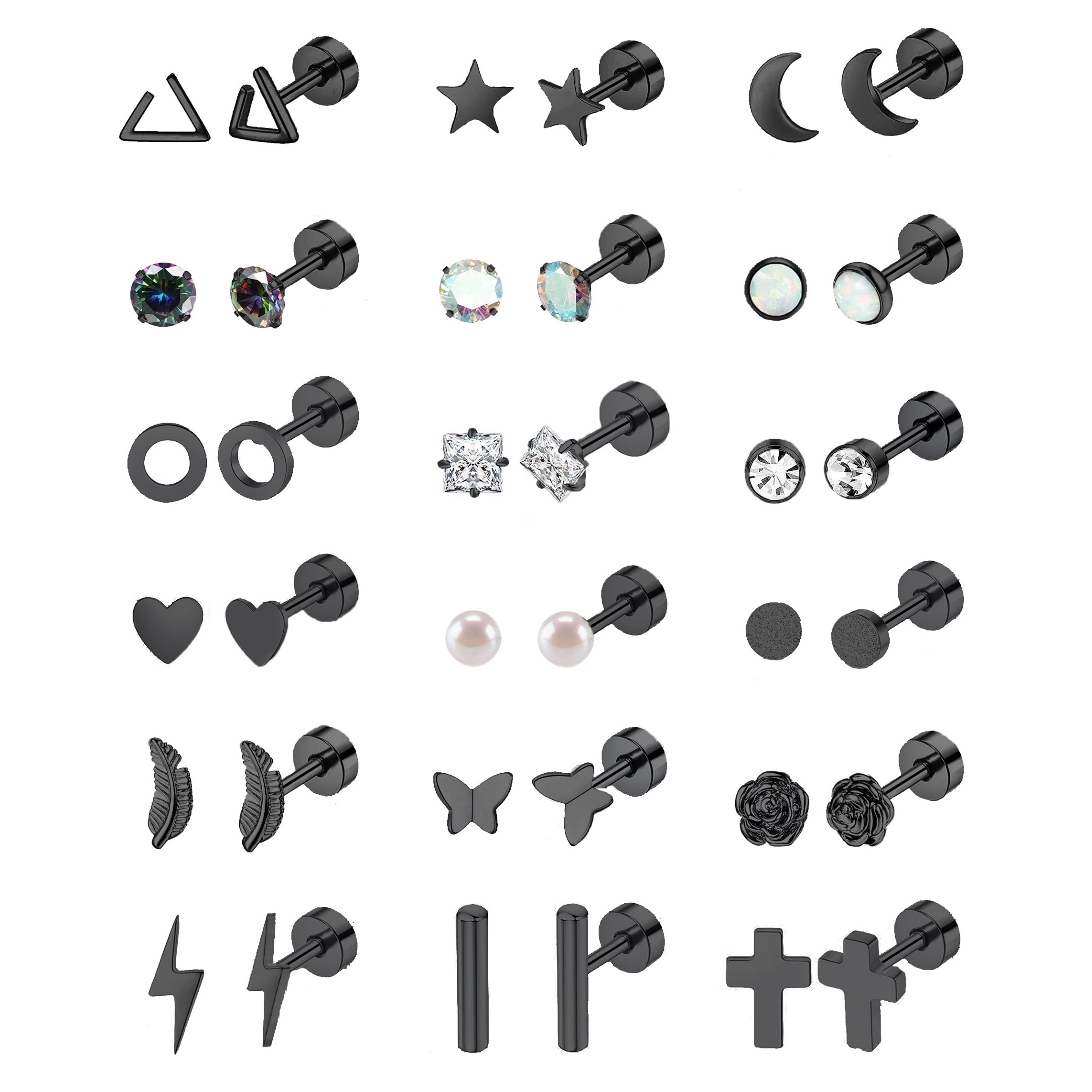 18 pairs stainless steel earring set for women men   s star   heart stone 20g soft bone studs hypoallergenic flat back pierced earrings