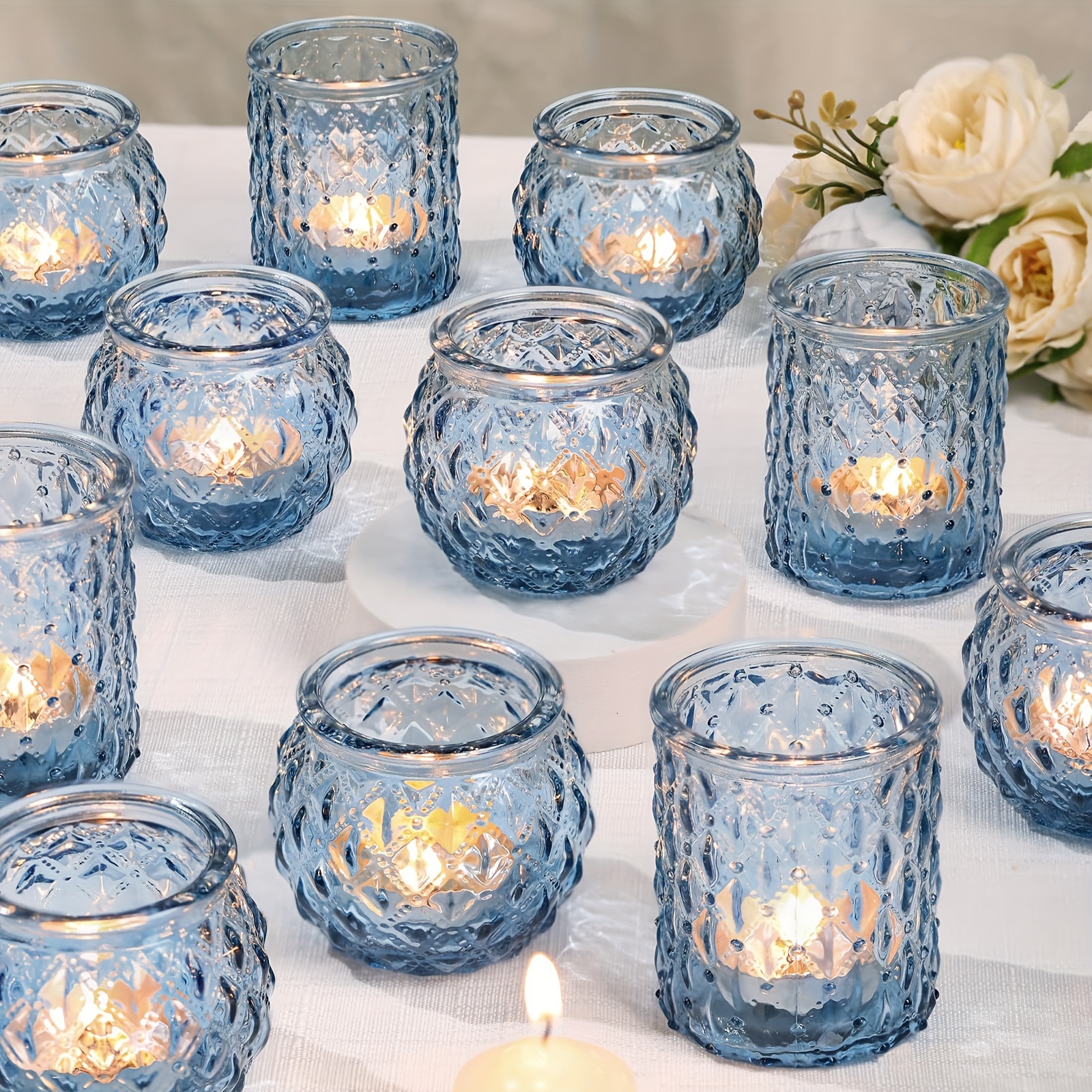 blue floral glass candle holders polished   round tealight candlesticks for wedding home decor shower party and gifts tabletop glass candlestick set 0