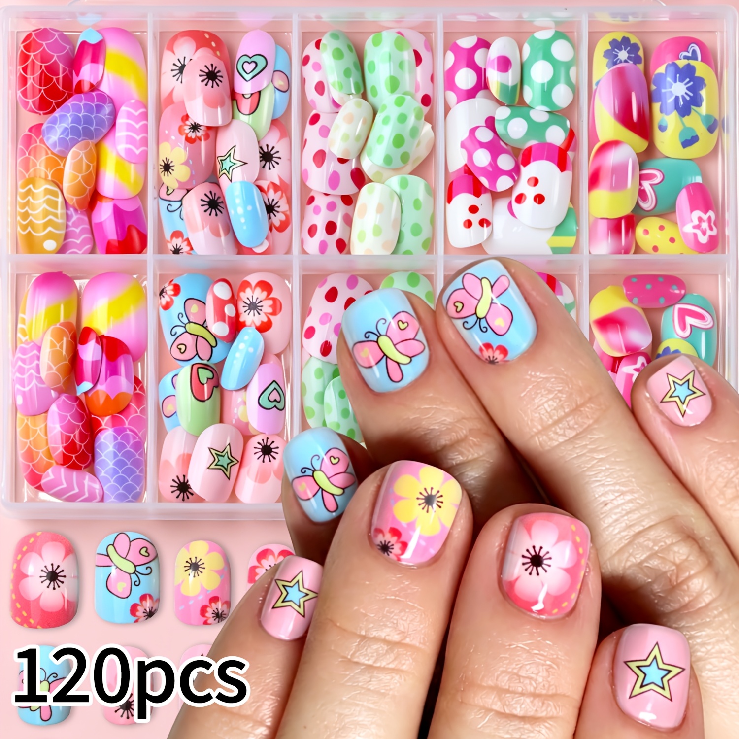 TEMU [kawaii Press-on Nails] 120pcs Short Round Colorful Cartoon Flower Polka Dot Full Cover Nail Tips, Reusable False Nail Extensions With Storage