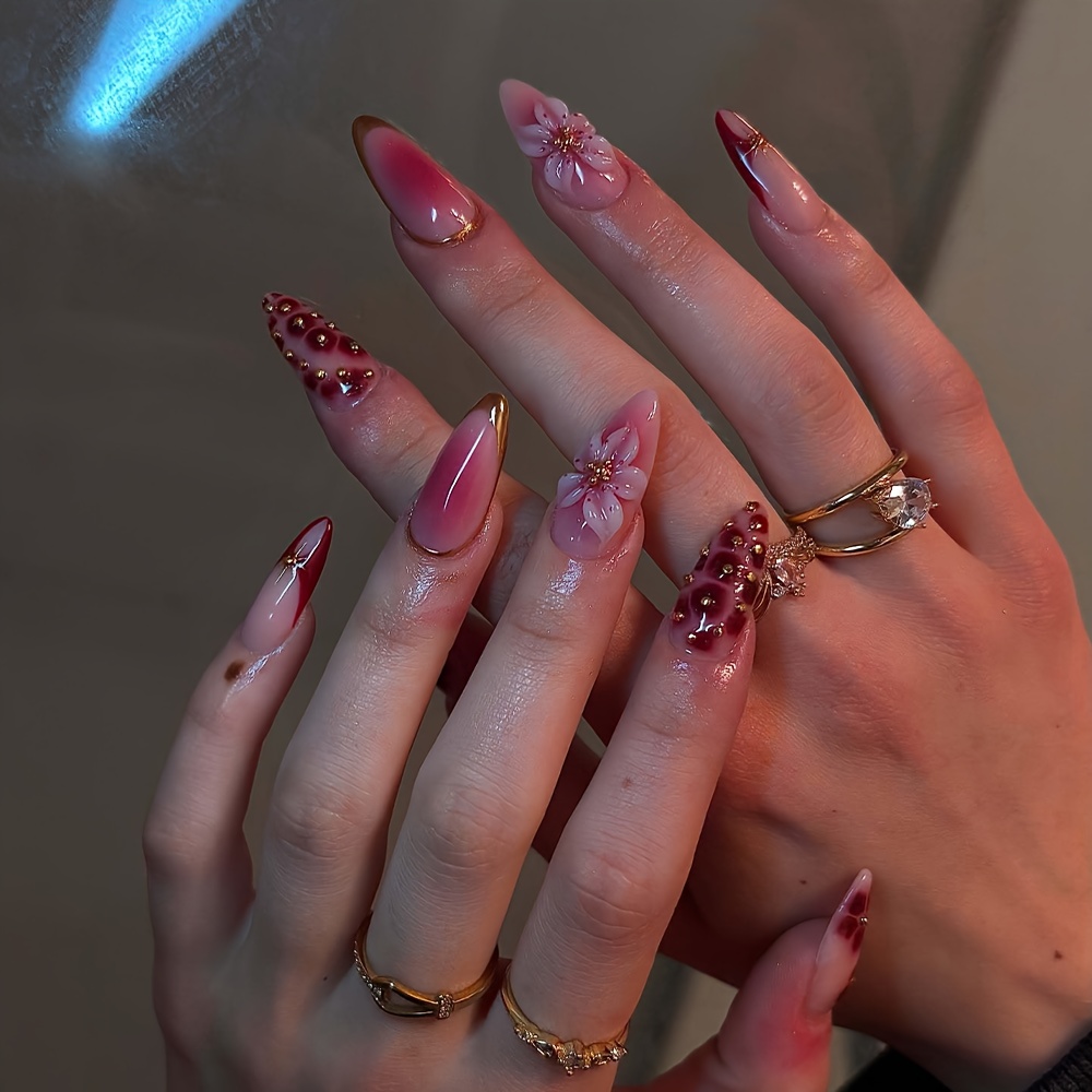 TEMU Upgrade Your Styling, 24pcs Chinese Almond-shaped Fake Nails, French Embossed Glue 3d Flower Golden Bead Design, Patch Detachable Fake Nails