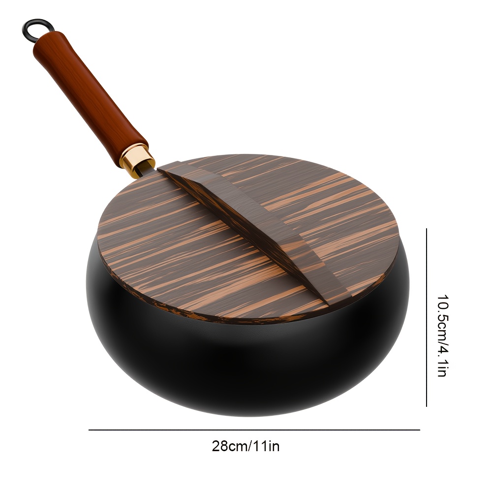 Image of 1pc Multi-functional Cast Iron Wok With A Heat-resistant Handle And 3 Cleaning Sponges. A Medium-sized Cooking Pot Perfect For Stir-frying, , Simmering, And Frying.