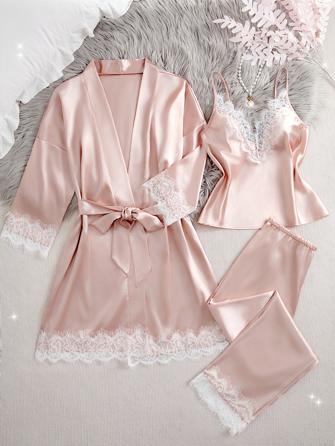 4pcs solid color contrast lace pajama set with thin straps camisole top elastic long pants loose robe with belt womens comfortable pajama and casual wear set   v neck long sleeve long length adult size casual wear set   robe elastic waistband robe Product details 5