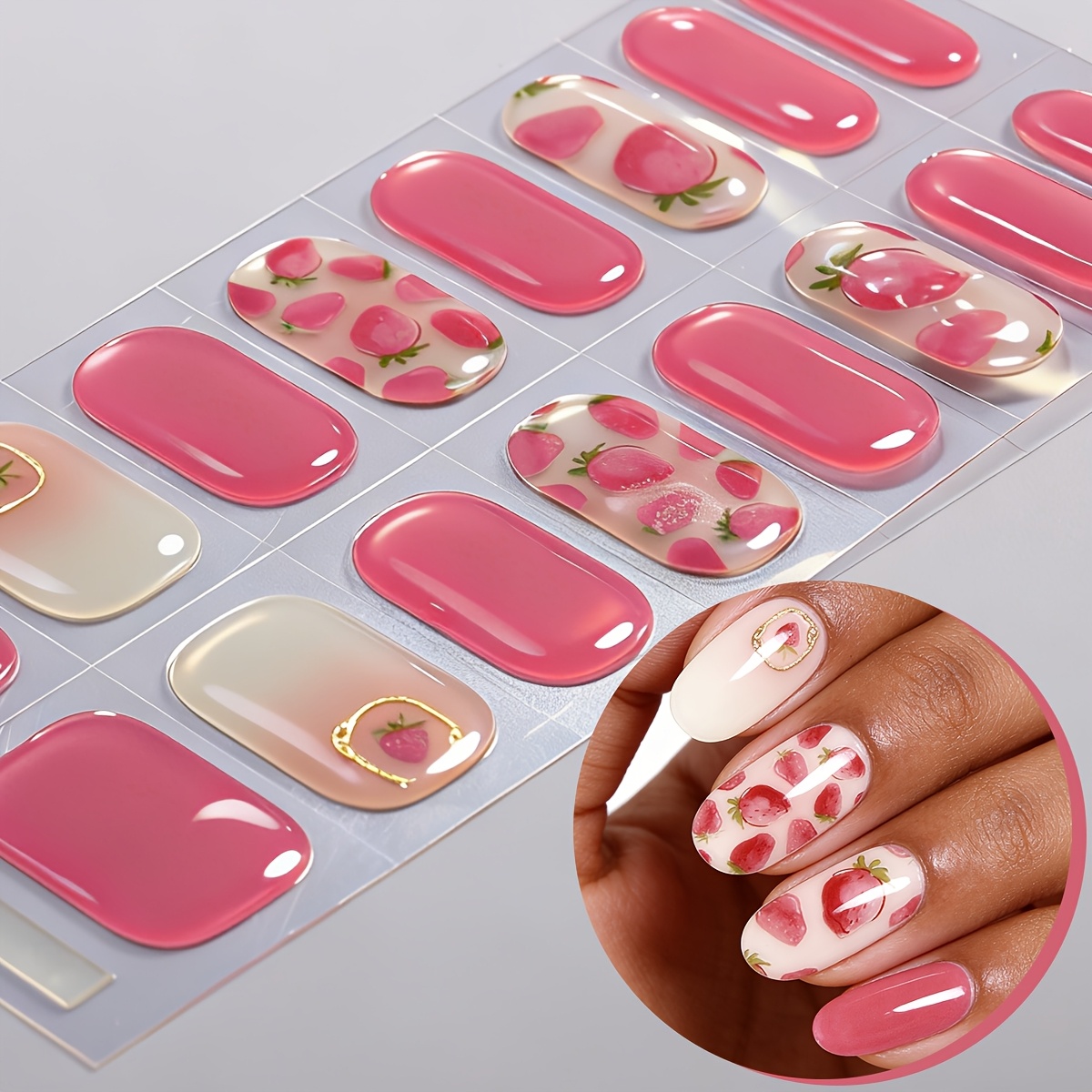 16pcs Pink Semi Cured Gel Nail Strips, Strawberry Self-adhesive Gel Nail Full Wraps, Easy To Manicure, , Nail Stickers For Women Home Diy.