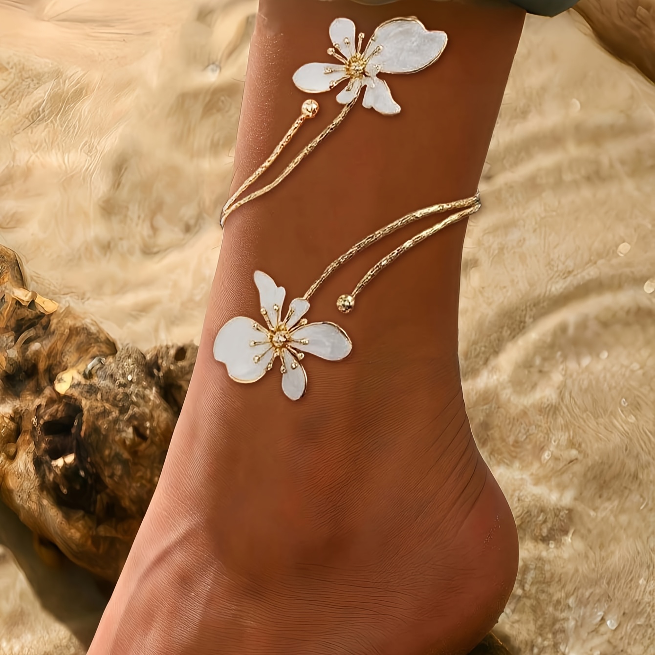 Image of 1pc Fashionable Individual Elegant Geometric Line 3d Flower Adjustable Anklet For Daily Party Vacation Gathering Wear