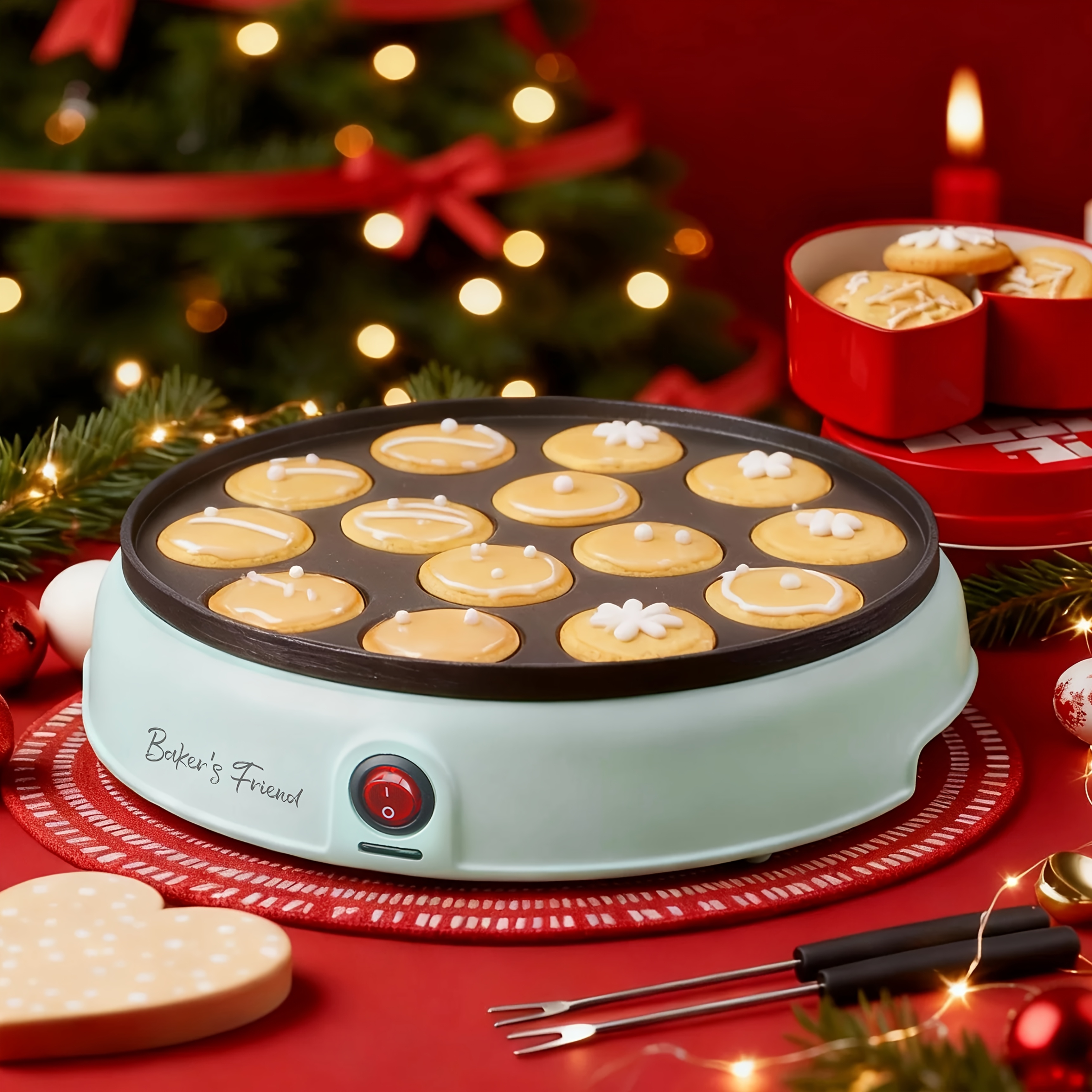 TEMU Mini Electric Dutch Pancake Maker, 14 Holes Griddle Machine, Poffertjes Pan For Breakfast, Desserts & More, Aqua