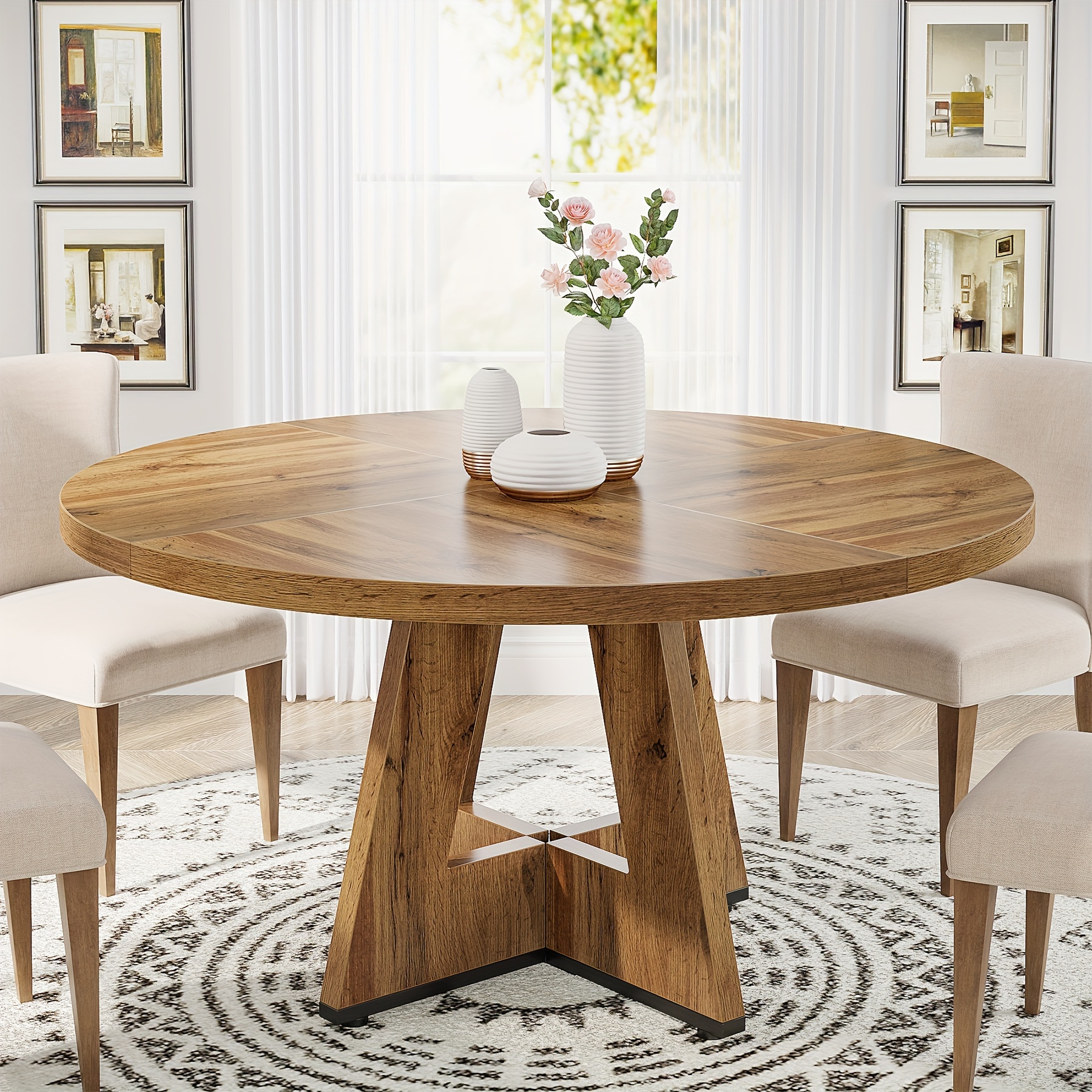 

Little Tree Round Dining Table For 4, 47 Inch Retro Brown Kitchen Table Small Dinner Table Farmhouse Wood Kitchen Dinning Table For Dining Room Kitchen, Living Room (chairs Not Included)