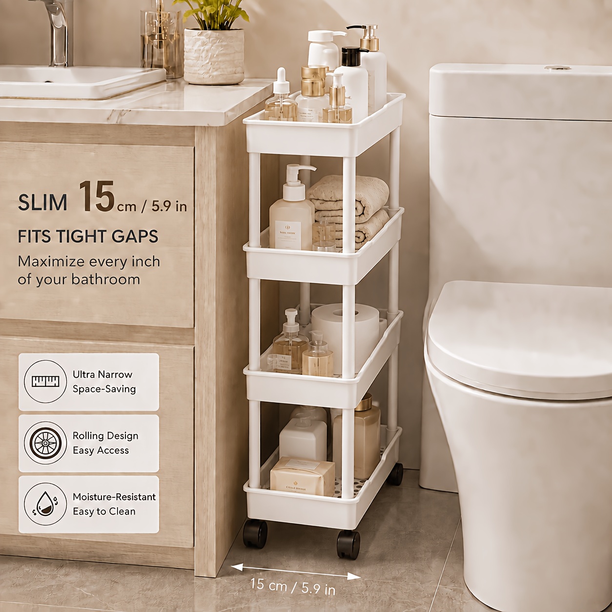 TEMU 4-tier 15cm Ultra-narrow Rolling Storage Cart, Bathroom Shower Supplies Shelf, Multi-functional Mobile Storage Rack, Space- Organizer, Suitable