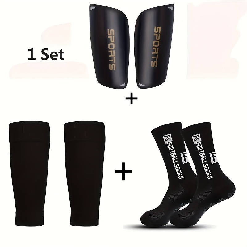 3-delige heren voetbal/soccer sportset met verstevigde antislip scheenbeschermers, kniehoge zware sokken & schokbestendende beenschoenen - wasmachinewasbaar, comfortabele pasvorm voor training, wedstrijden en casual   - ideaal voor soccospelers (kosteneffectieve atletische uitrusting) inclusief dij- en kniebeschermers,   zwart ontwerp, strakke pasvorm voor footballsporten buitenactiviteiten, volleyballenkous mouwen 0