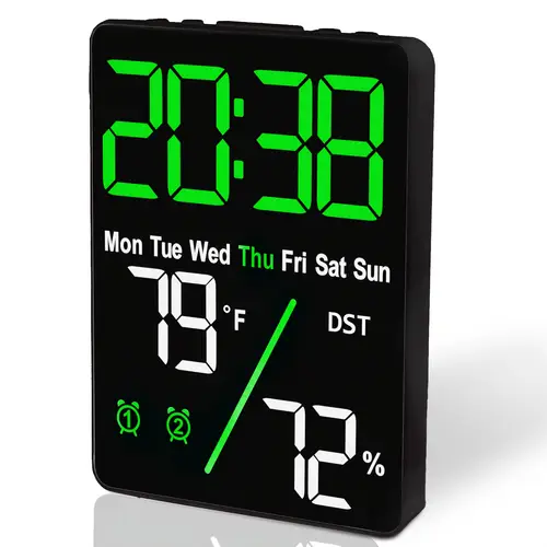 a 5 5 inch large digital thermometer and hygrometer designed for indoor use featuring an alarm clock for your measures humidity and temperature with an led display offers adjustable brightness dual alarms a function and is usb it requires 3 aaa batteries which are not included