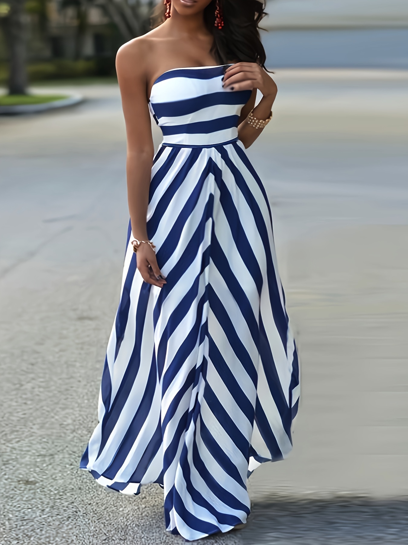 Formal Dresses Strapless Striped Maxi Dress Elegant Strapless Blue