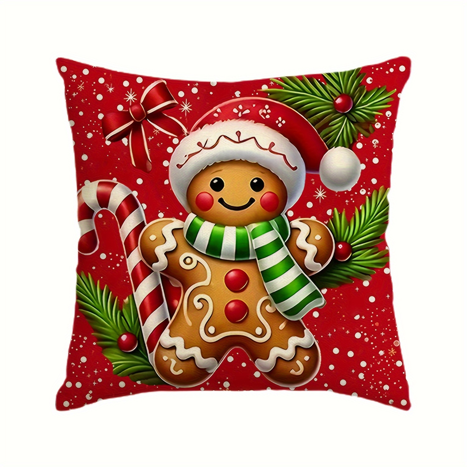 

Gingerbread For Man & Candy Cane Christmas Throw Pillow Cover - 17.72" Square Polyester For Sofa, Bedroom, And Living Room Decor - Machine Washable With Zip Closure