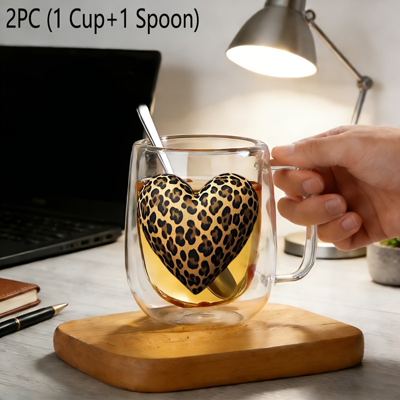 TEMU 2er-Set (1 Glasbecher + 1 Löffel), Isolierter, doppelwandiger Borosilikat-Glas-Wiederverwendbarer Wasserglas mit Griff, Großer, durchsichtiger