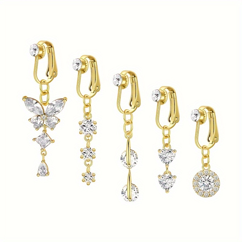 TEMU 5pcs Clip-on Fake Belly Button Rings For Women - Non-piercing Belly Button Piercables With Cz Heart & Navel Rings, Clip-on Button Jewelry For Daily Wear & Vacation (no Piercing Required) - Golden