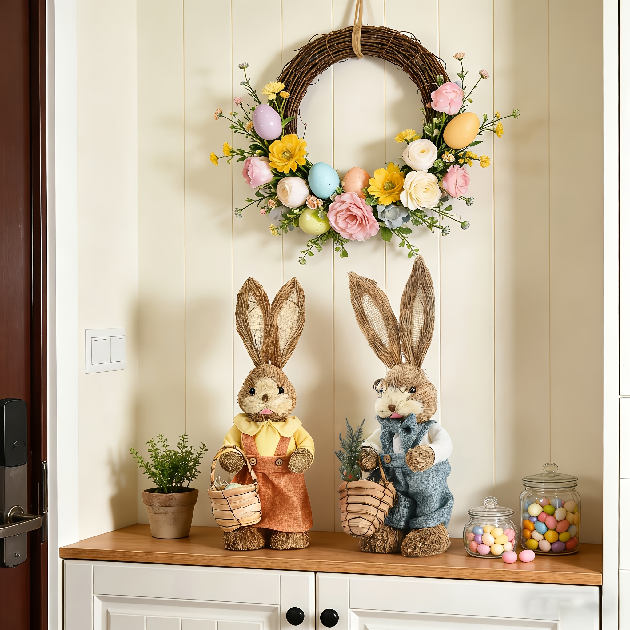 1 Stück Osterdekoration, 13-Zoll Häschenfigur, Schreibtisch-Frühlingsdeko, fleißiges Häschen, rustikaler Stil Häschen-Geflochtener Korb, Sisal Häschen-Statue, Tischdekoration für Zuhause, Büro, Küche,