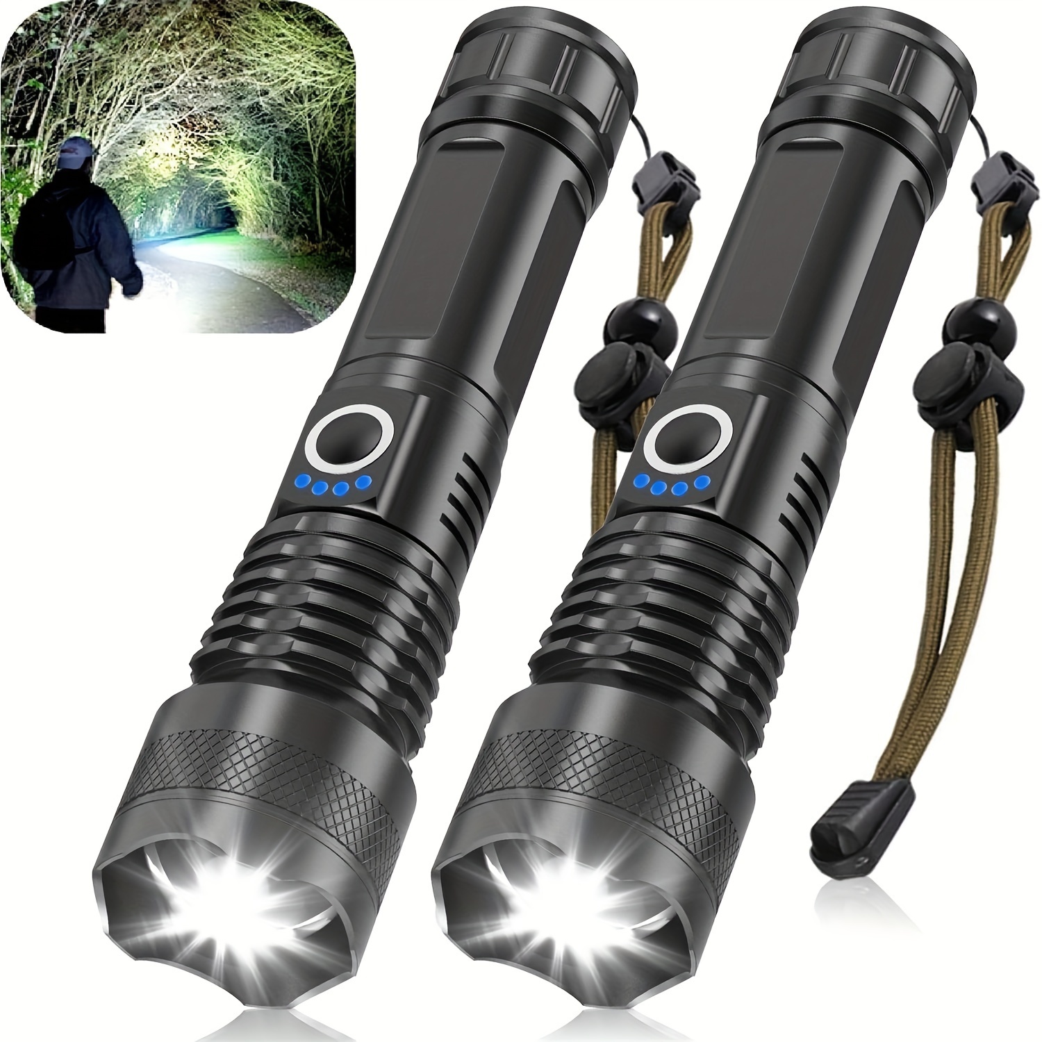 

10,000 Led Flashlights 2pcs - Rechargeable, With 5 For Camping & Hiking