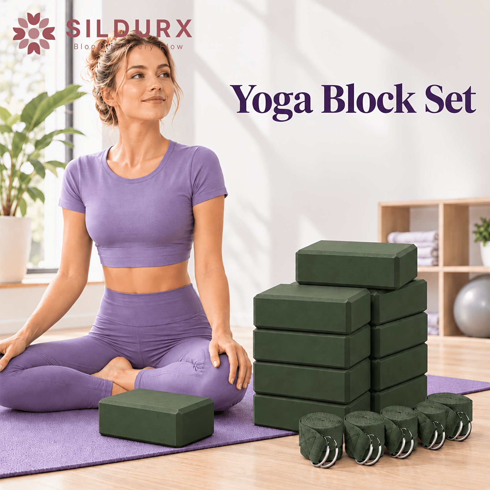 10pcs SILDURX Women' Yoga Block Set with 5 Adjustable Straps - Non-Slip EVA Foam Blocks Suitable for Yoga, Pilates, Stre
