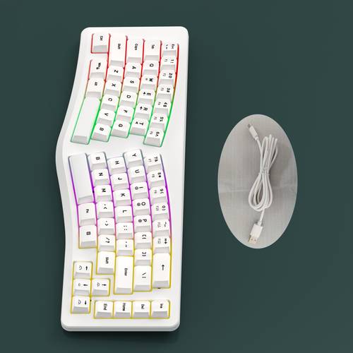 ergonomic split design rgb gaming backlit keyboard with raised keys ergonomic keycap layout in white black beige and red usb wired illuminated keyboard suitable for long hours of gaming writing typing
