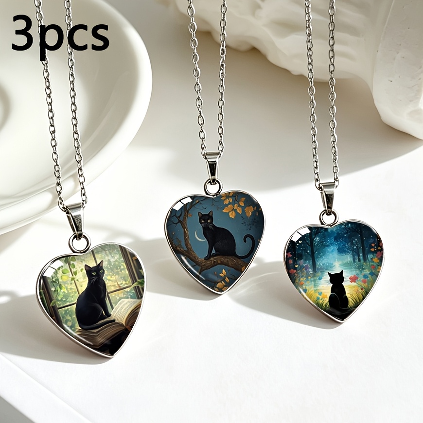 TEMU 3pcs Set Heart-shaped Stainless Steel Water Drop Necklace Forest Reading Black Cat Retro Painting Heart Glass Pendant Niche Cool Clavicle Chain
