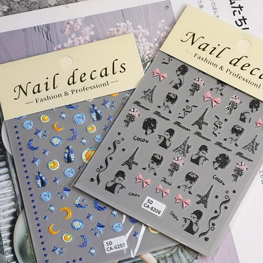 5D Embossed Nail Art Stickers, Starry Night & Butterfly Designs