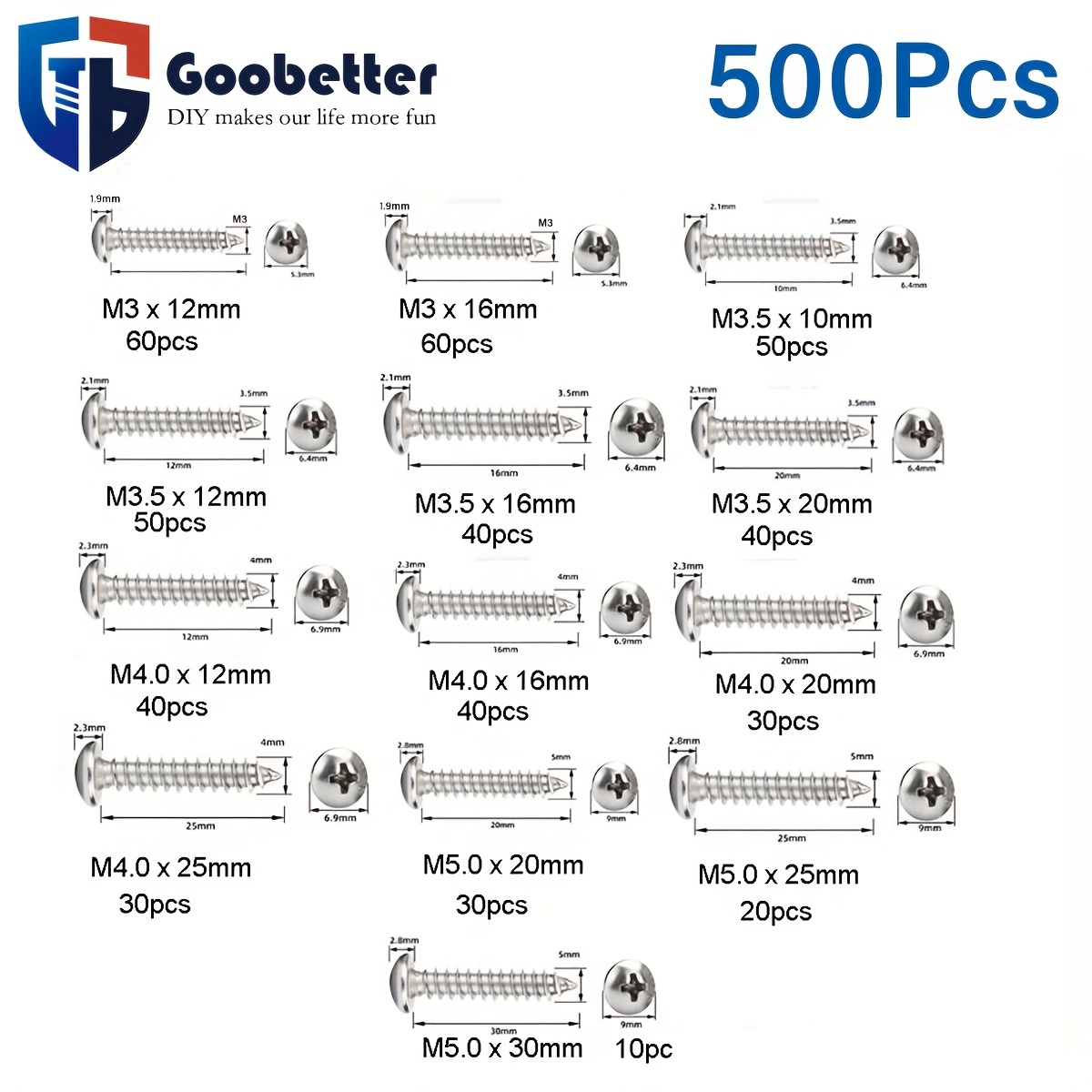 500pcs M3 M3.5 M4 M5 Metric 304 Stainless Steel Phillips Truss Head Sheet Screws Assortment Kit, 13 Sizes 12-30mm Pan Head Self Tapping Wood Screws Set