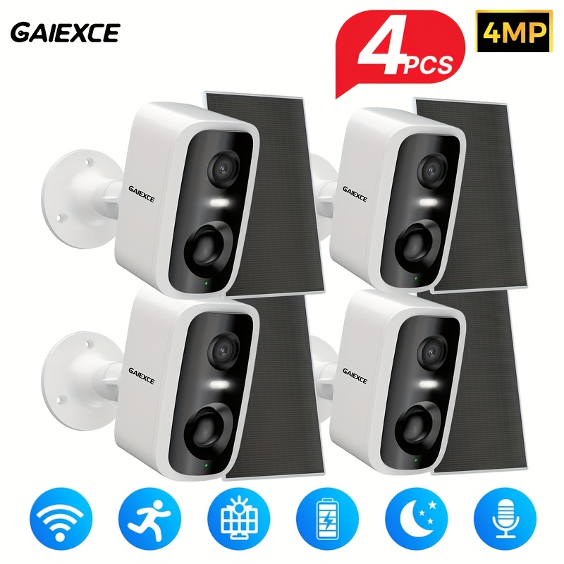 TEMU 4pcs 4mp Solar Security Cameras Wireless Outdoor - Wifi Surveillance Set With Rechargeable Battery, Night Vision, , 2-way Talk