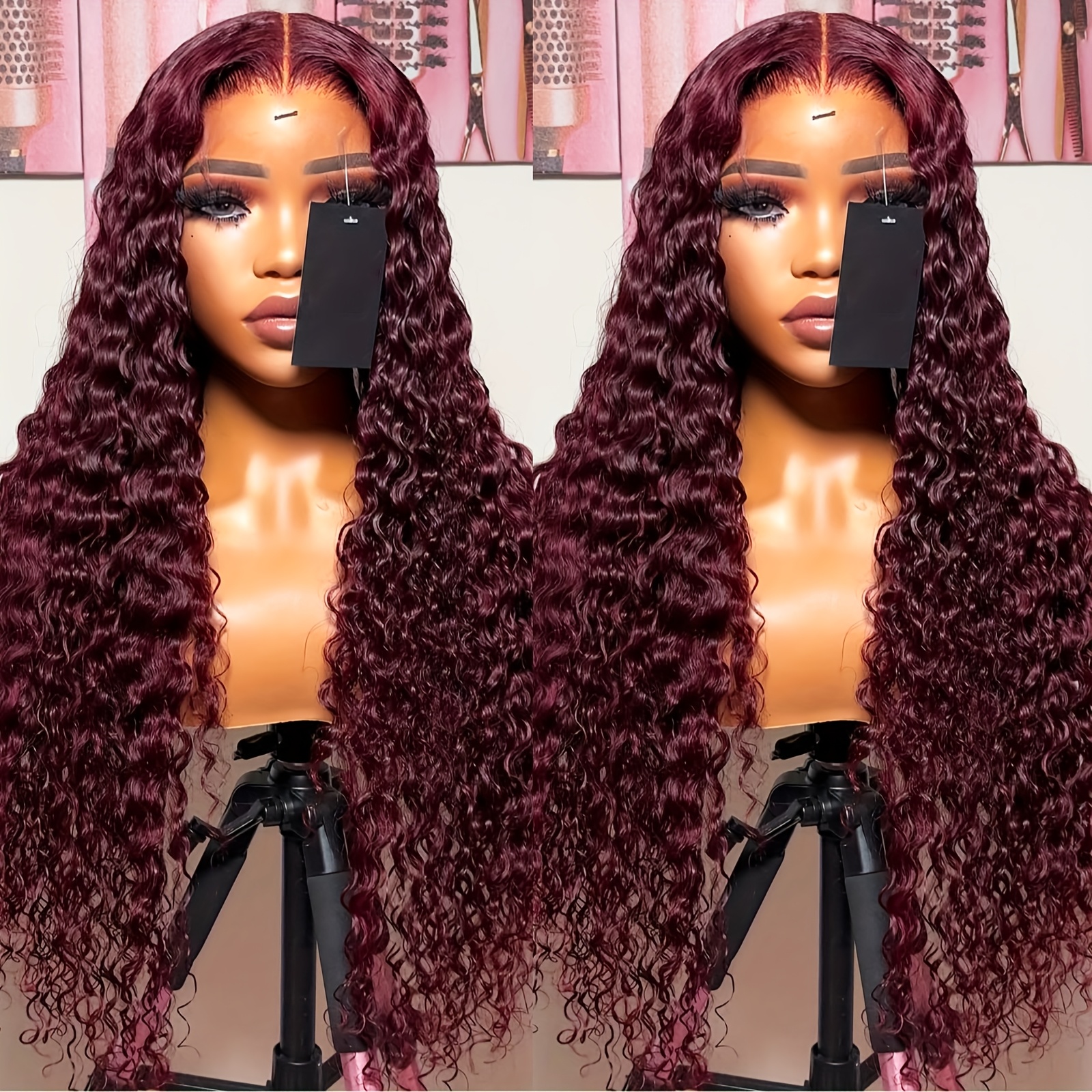 TEMU High-quality 13x4 Glueless Hd Transparent Lace Frontal Wigs With Density In Burgundy, Featuring Curly Deep Wave Styles. Pre- Wigs For Women Come With And Are In A 99j Wet And Wavy Loose Water